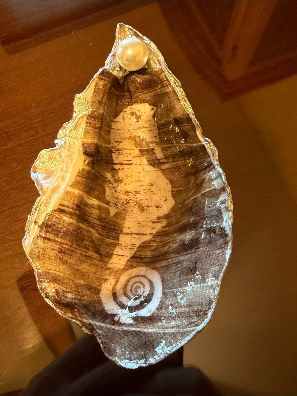 Handmade decorative seahorse decoupage oyster shell trinket dish with pearl